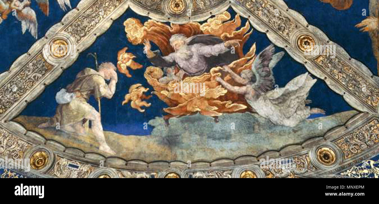 Buisson ardent . Fresque au plafond Stanza di Eliodoro, Palazzi Pontifici, Cité du Vatican . 1512. Voir le fichier ou la catégorie 1141 Stanza di eliodoro, Volta 03 roveto ardente Banque D'Images