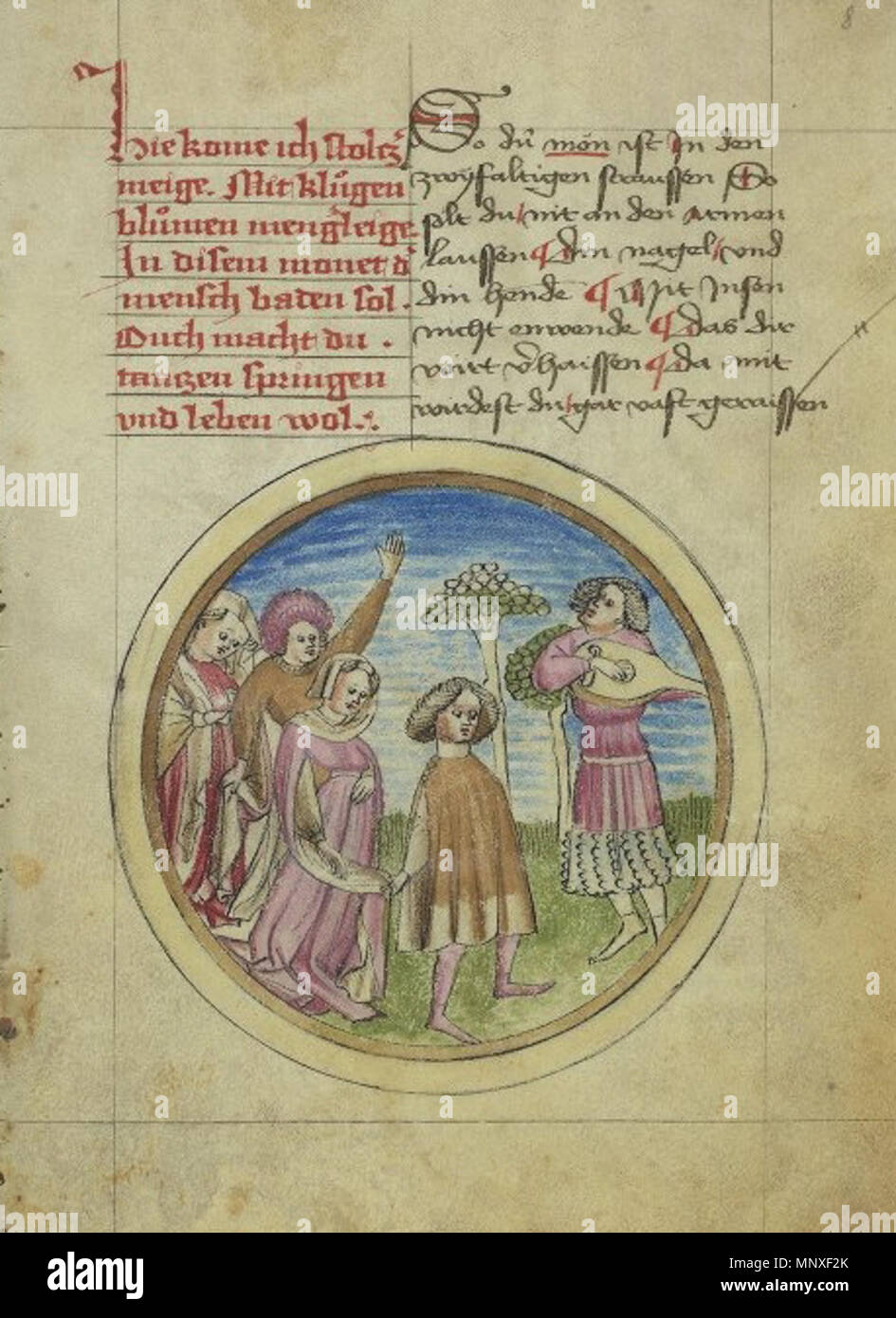 . Höfische Liebe, Seite aus dem Kalender des Heinrich von Wiesensteig Stegmüller, Handschrift datiert Buchau am Federsee 18. 08 janvier 1443, City East Fürstlich Fürstenbergische Hofbibliothek Donaueschingen Cod. 494 ; 2003 Handschriftenhändler haus Günther angeboten . 1443. Inconnu 1142 hoefische Stegmueller kalender liebe Banque D'Images