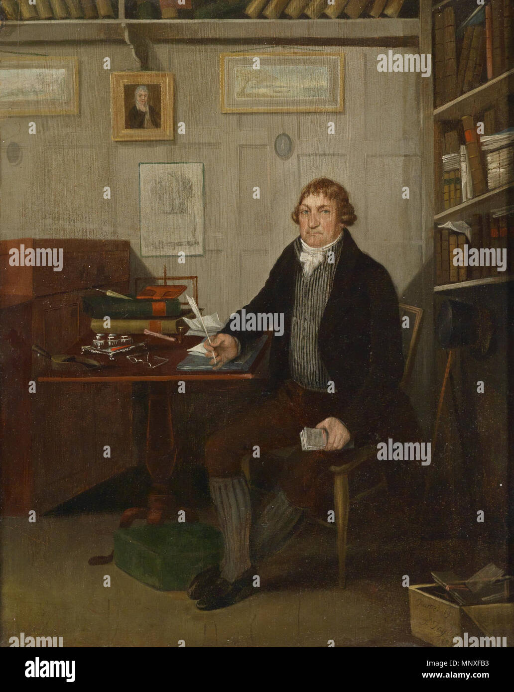 . Deutsch : Portrait des Edward Knapp, Gründer der Knapp und Bulhetts ( ?) Banque mondiale à Winchester, ist, signiert, datiert peint par S. Taylor 1808 ( ?), l'Altes rückseitig Klebeetikett Betitelung mit Öl auf Holz, 42,5 x 32 cm, Anglais : Portrait de Edward Knapp, fondateur de l'Knapp et Bulhetts ( ?) Banque mondiale à Winchester, inscrit, signé, daté peint par S. Taylor 1808 ( ?), sur l'inverse vieille étiquette adhésive avec titre, huile sur panneau, 42,5 x 32 cm . 1808. 1143 Stephen Taylor Portrait d'Edward Knapp Banque D'Images