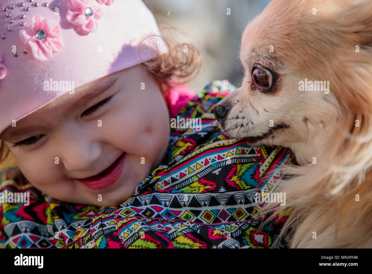 Petite et douce jeune fille avec un chien moelleux Banque D'Images