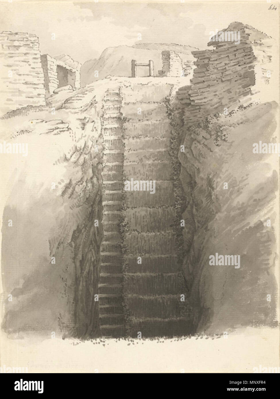 Anglais : Coupe de l'entrée d'une fosse de pierre à Swanwick près de Worksop, Derbyshire, 1790. Pierre 1145-la fosse à Swanwick par Samuel Hieronymus Grimm 1790 Banque D'Images