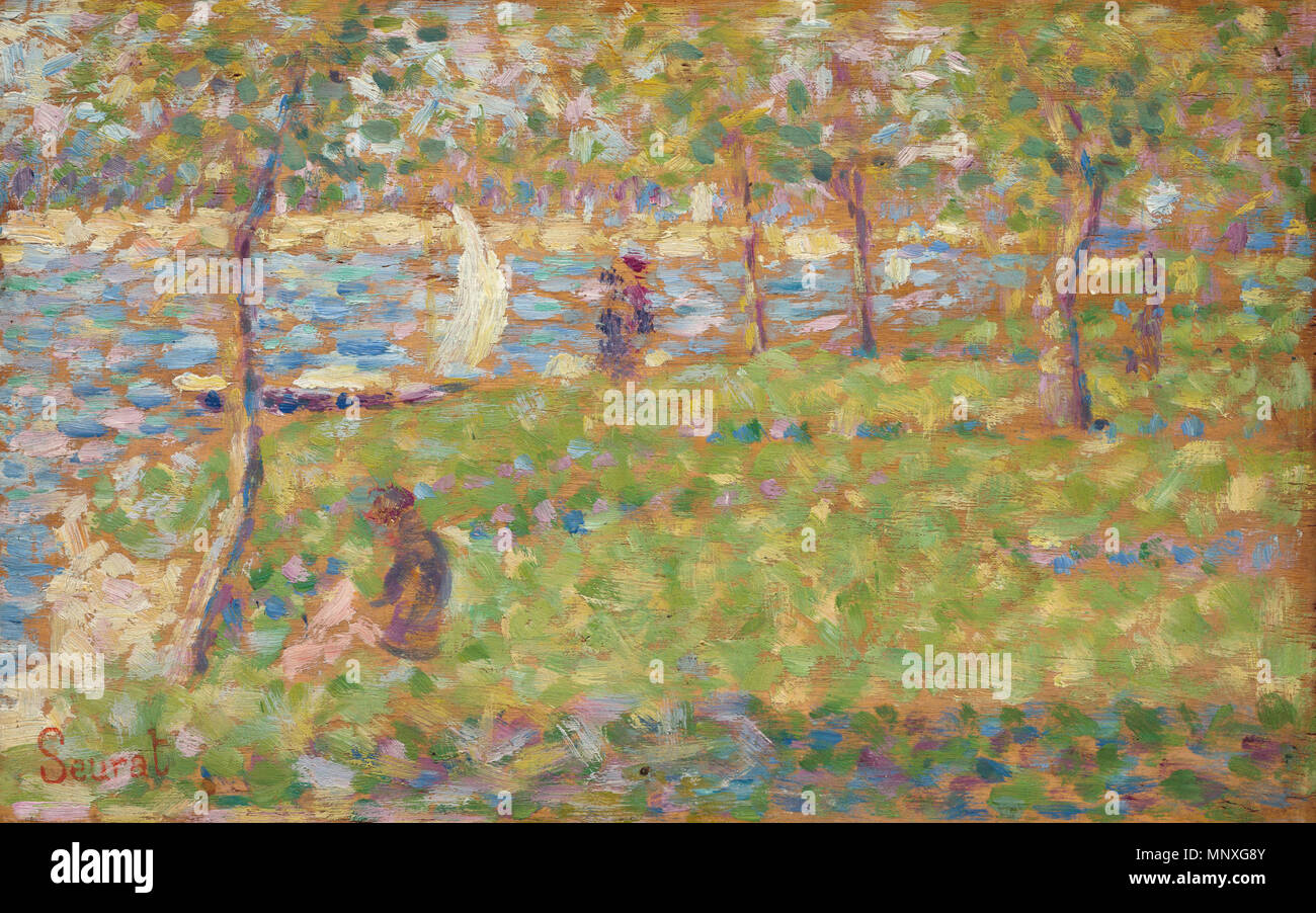 Peinture huile sur bois ; total : 15,9 x 25 cm (6 1/4 x 9 13/16 in.) : 33,3 x 41,9 encadré x 5,7 cm (13 1/8 x 16 1/2 x 2 1/4 in.) ; Anglais : Etude pour 'la Grande Jatte' entre 1884 et 1885. 1148 Étude pour la Grande Jatte, Georges Seurat, 1884 Banque D'Images