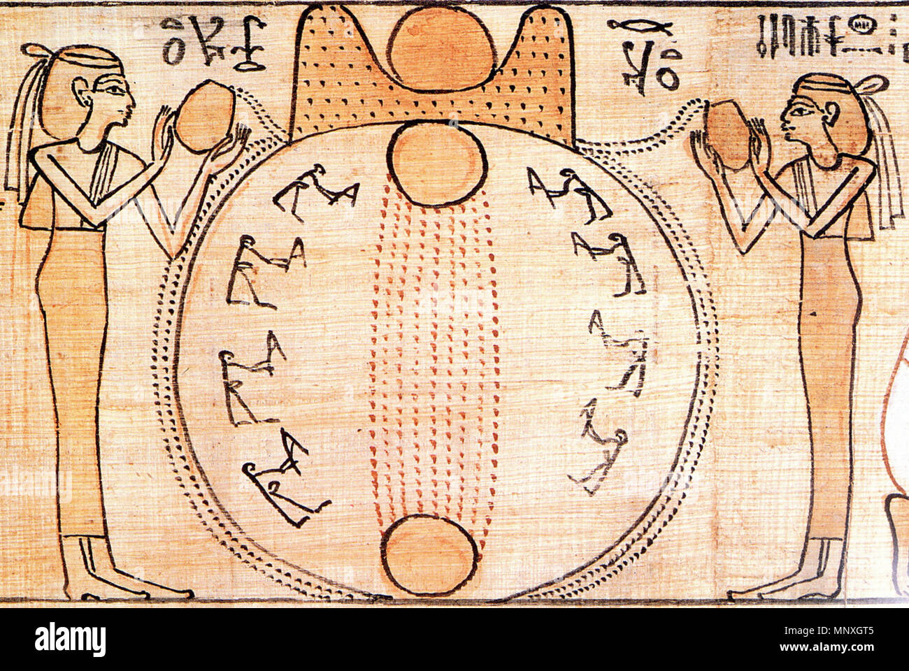 . Anglais : Le soleil se lève du monticule de la création au début des temps. Le cercle central représente la butte, et les trois cercles orange sont le soleil à différents stades de son augmentation. En haut est le hiéroglyphe 'Horizon' avec le soleil apparaissant au sommet. De chaque côté sont les déesses de l'amérique du nord et du sud, déversant les eaux qui entourent le monticule. Les huit figures bâton sont les dieux de l'Ogdoad, biner le sol. Livre publié en 2003, fait de l'oeuvre vingt-et-unième dynastie (ch. 1075-945 av. J.-C.). Artiste d'origine Inconnu 1151 Lever du Soleil à création Banque D'Images