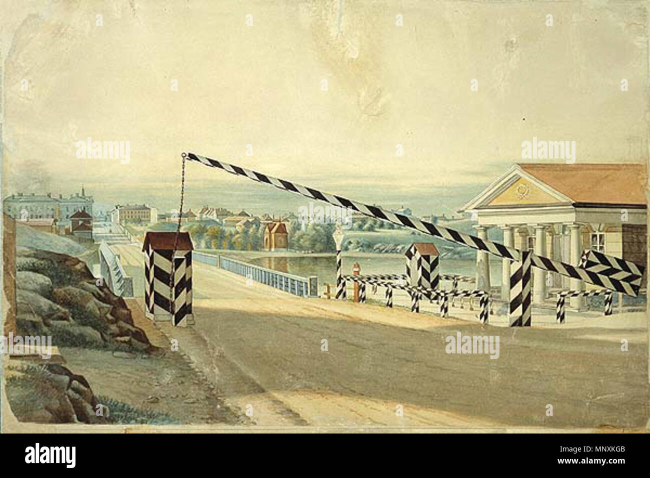 . Anglais : poste de douane de Häme à extrémité nord de Pitkäsilta. L'aquarelle. Les routes menant aux postes de douane est terminée à Helsinki aux frontières de la ville. Ce sont les douaniers de Häme poster sur le pont principal de la péninsule de Vironniemi (l'emplacement d'Helsinki a été déplacé en 1640), et à l'origine situé sur le côté sud du pont, et le poste de douane d'Espoo, qui était encore, dans les années 1700, situé sur la place du marché fin de ce qui est maintenant le sud de l'Esplanade. Au cours de l'époque de la domination russe les postes de douane ont été équipés d'une barrière et de guérite, comme il y avait des soldats russes à Helsi Banque D'Images