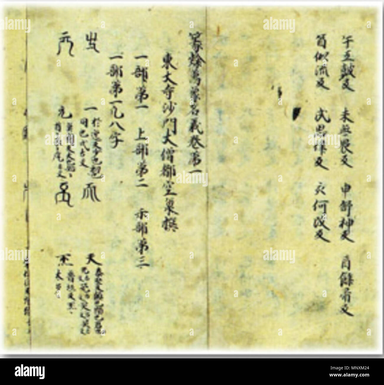 . Anglais : La myriade de choses, prononcé, défini, en sigillaire et commis aux écritures script (篆隷万象名義 Tenrei Banshō Meigi). Encore plus ancien dictionnaire Kanji. Transcription de l'original par Kūkai de autour de 830-835. Début du premier volume de six livres reliés par fukuro-[nb 2] toji, encre sur papier, 26,8 × 14,6 × 10,6 cm (5,7 in). Situé au Kōzan-ji, Kyoto, Japon. 1114. 1165 Inconnu Tenrei Bansho Meigi Banque D'Images