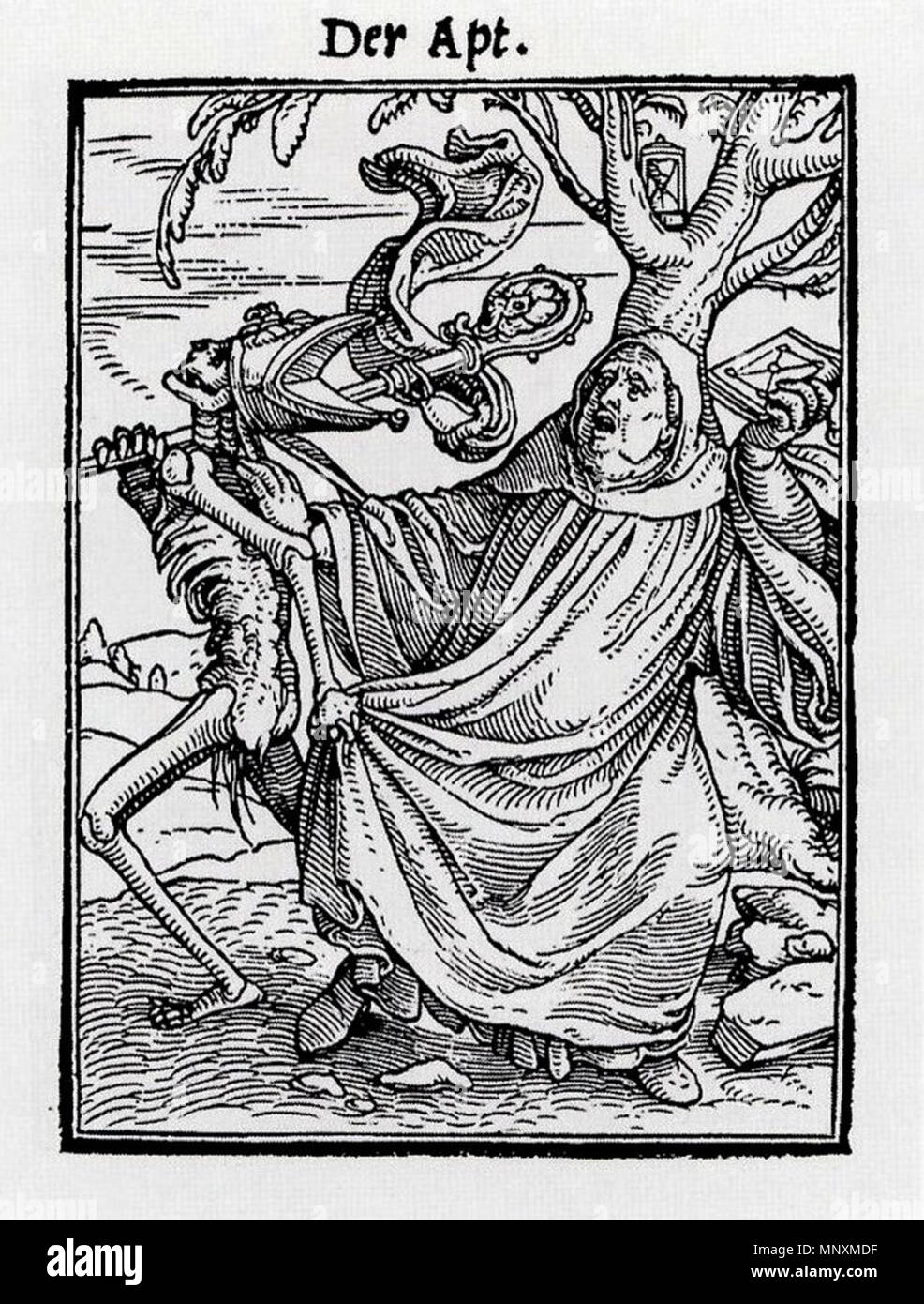 . Anglais : l'Abbé. Gravure sur bois à partir de la série dite la danse de la mort, de l'image 6,5 × 4,8 × 7,6 cm, tôle 5,8 cm, Kunstmuseum de Bâle. C'est l'un d'une célèbre série de petits bois gravés que Holbein conçu sur le thème de la mort. Dans les mots de Christian Rümelin (Müller et al, p. 471) : 'la mort est représenté dans plusieurs formes dans ces illustrations, allant de l'agent (meurtrière du moine, marchand, Chandler, l'homme riche, chevalier, comte et Seigneur) à l'avertissement (commentateur du pape, l'empereur, le cardinal, juge, conseiller municipal, avocat, et de prédicateur)'. Membres de la société sont principalement représentés dans un Banque D'Images
