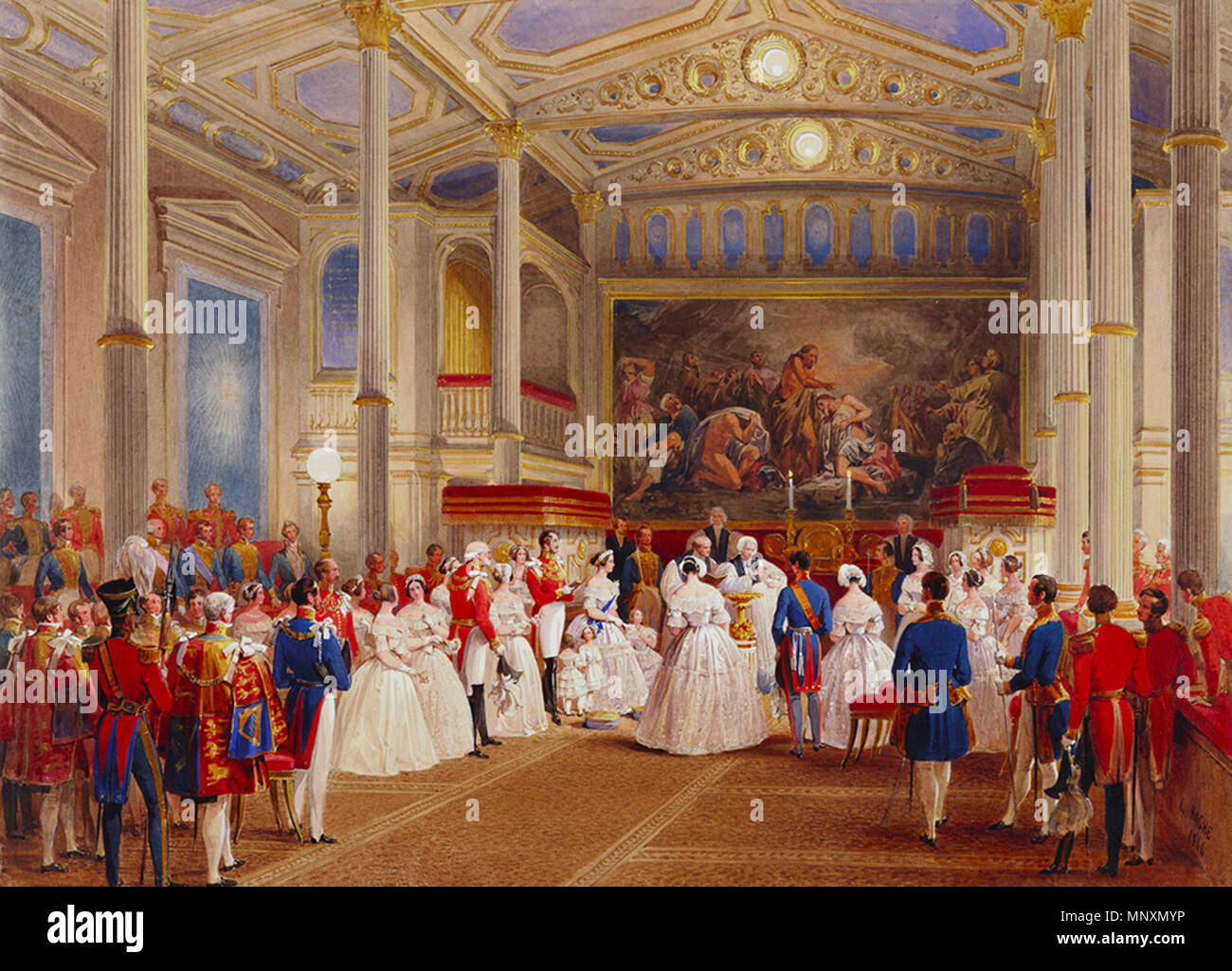 . English : 'Le baptême de la princesse Helena' dans la chapelle du palais de Buckingham, le 25 juillet 1846. 1846. Louis Haghe (1806-1885) peintre et lithographe Britannique Description Co-fondateur de Day & Haghe, lithographes à la Reine ; président de la nouvelle Société des peintres dans des couleurs de l'eau 1873-1884 Date de naissance/décès 17 mars 1806 9 mars 1885 Lieu de naissance/décès Tournai Stockwell lieu d'autorité du Grand Londres control : Q1656919 : VIAF 32026932 ISNI : 0000 0001 1489 7312 ULAN : 500017271 RCAC : n85814315 35066561 1170 NLA : WorldCat le baptême de la princesse Helena, 1846 Banque D'Images