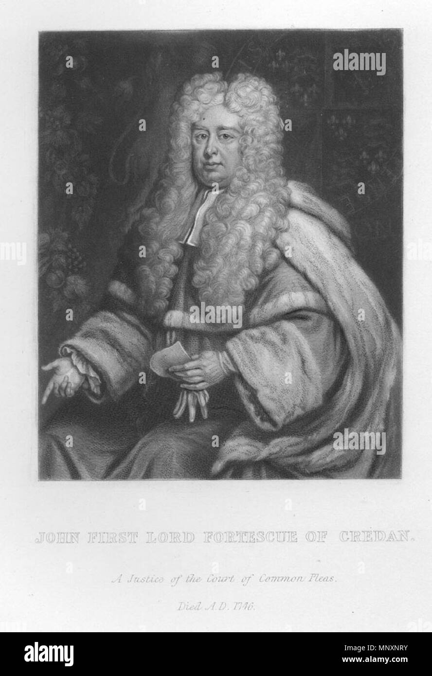 Anglais : John Premier Lord Fortescue d Credan. . Anglais : Un portrait de John Fortescue Aland, 1er baron Fortescue d Credan (7 mars 1670 - 19 décembre 1746), un avocat, juge, homme politique et écrivain anglais, sur l'histoire juridique et constitutionnelle. (Cela semble être une variante d'une manière noire titré "l'honorable soeur John Fortescue Knt Aland. L'un des juges de son þe la Cour des plaids communs F.R.R.', une copie de ce qui est dans la collection du British Museum. Les informations ci-dessous se rapporte à cette copie.) . 1733. 1175 L'honorable soeur John Fortescue Aland knt. (1733) par John Banque D'Images