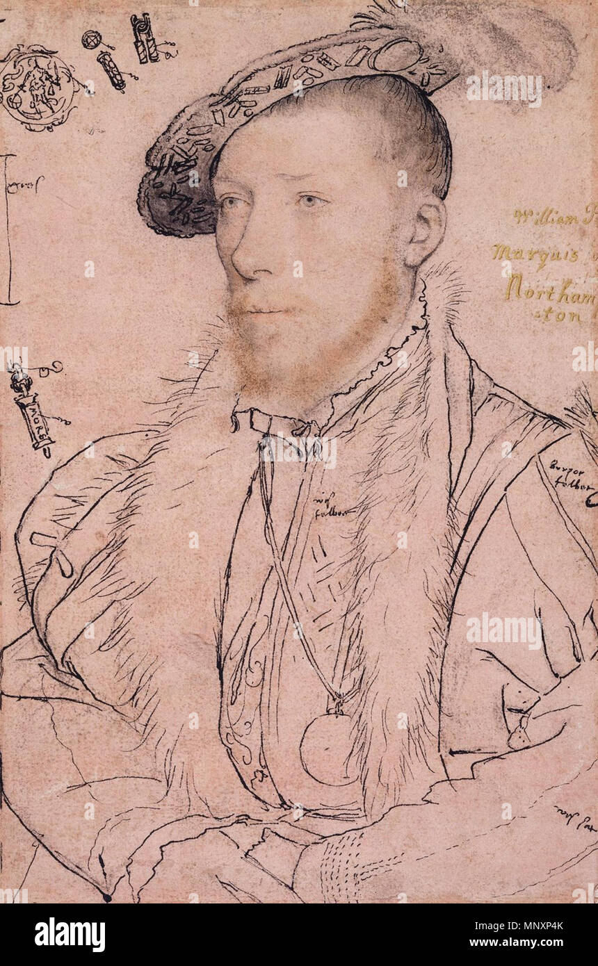Anglais : Portrait de William Parr, Marquis de Northampton. Les craies de  couleur et noir, plume et encre de chine, blanc, rose-carrosserie sur  papier apprêté, 31,7 × 21,2 cm, Collection royale,