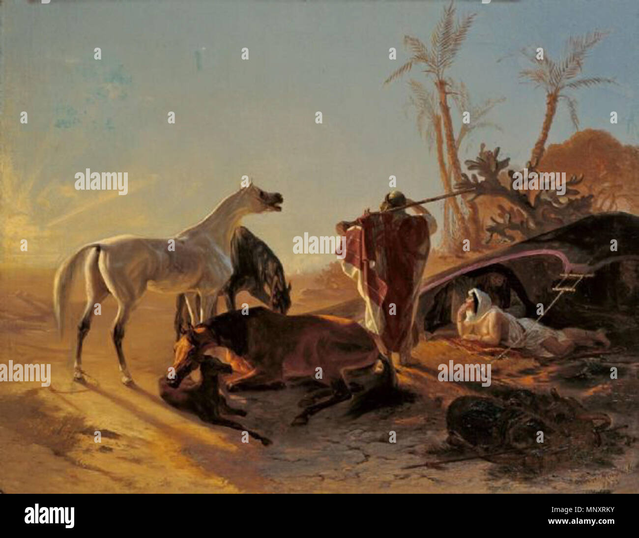 Deutsch : Rastendes Beduinenpaar Araberpferden in 1853. Theodor Horschelt 1185. Rastendes Beduinenpaar Araberpferden mit. 1853 Banque D'Images