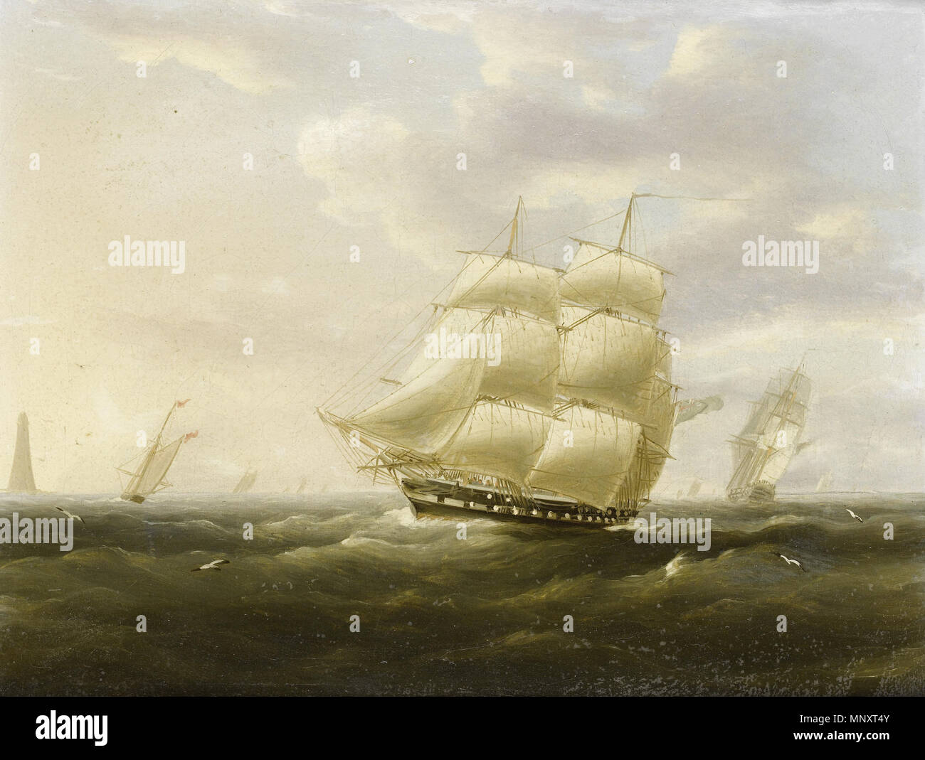 Anglais : une frégate britannique bowling en bas de la chaîne sur une breezy day passé le phare Eddystone date inconnue. 1187 Thomas Buttersworth - une frégate britannique bowling en bas de la chaîne sur une breezy day passé l'Eddystone lighthouse Banque D'Images