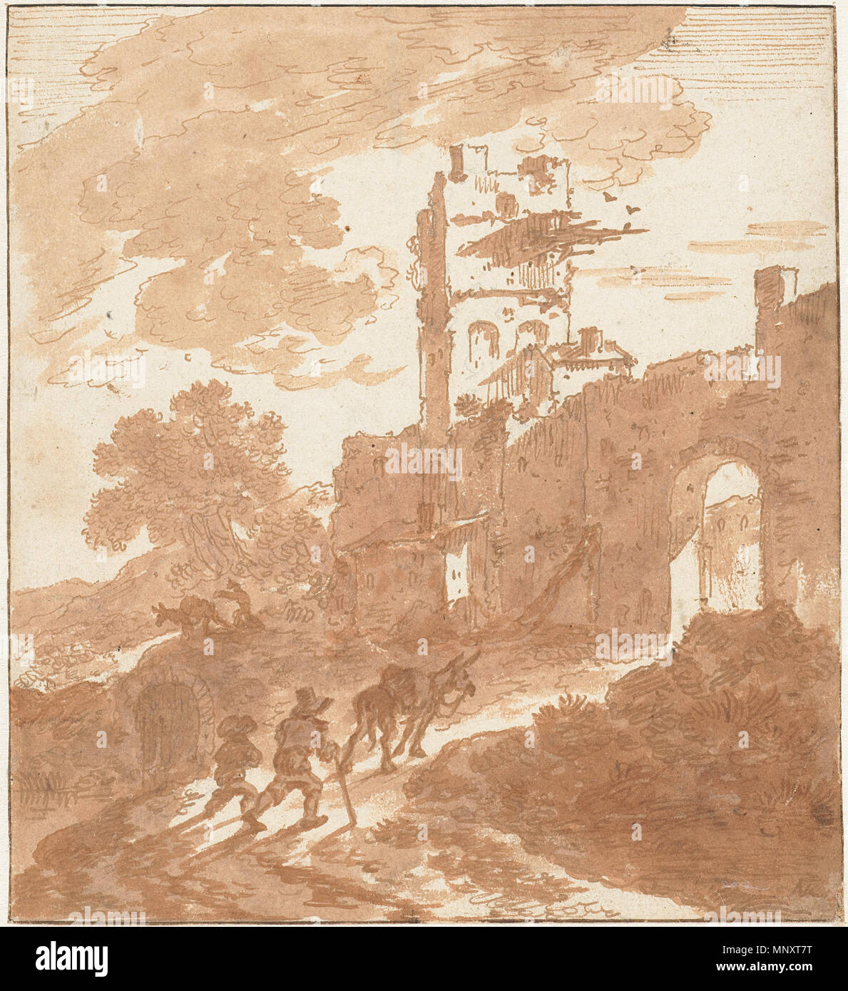Paysage italianisant avec voie d'une porte de la ville *stylo et pinceau en brun sur papier 15,7 x 14,3 cm * *1641 - 1705 *la signature en graphite ou craie noire . Anglais : paysage italianisant avec chemin d'un crayon et pinceau town gate en brun sur papier 15,7 x 14,3 cm 1641 - 1705 la signature en graphite ou craie noire . Entre 1641 et 1705. Adriaen van der Cabel (1630/1631-1705) Noms alternatifs Adriaen van der Kabel, Adrian van der Kabel, Adrien van der Kabel, Arie van der Kabel, Ary van der Kabel, Adriaen van der Tou, A. van der Touw, Vandercable Vandrecable, Adriaen Frans, Geestigheid, Geestig Banque D'Images