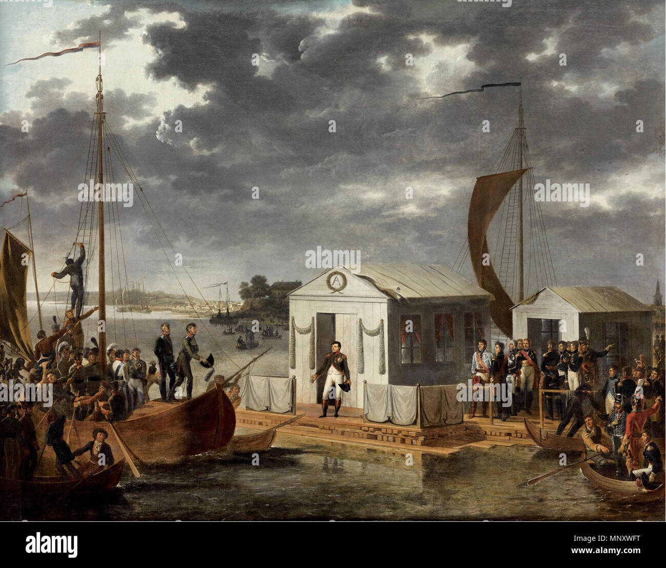 English : Entrevue de Napoléon Ier et d'Alexandre Ier sur le Niémen. 25 juin 1807 : traité d'anglais Tilsitz. . Les gens représentés : Napoléon et Alexandre Ier, 25 juin 1807 . 1807. 1193 Tilsitz 1807 Banque D'Images