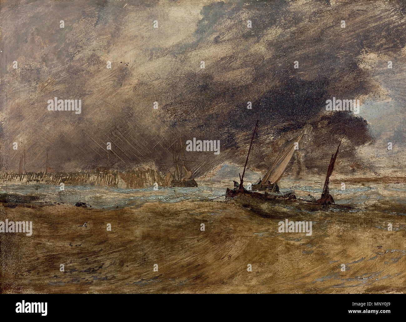 Seapiece avec les bateaux de pêche au large de la jetée en bois, d'une gale venant au 19ème siècle. 1208 Joseph Mallord William Turner - Seapiece avec bateaux de pêche Banque D'Images