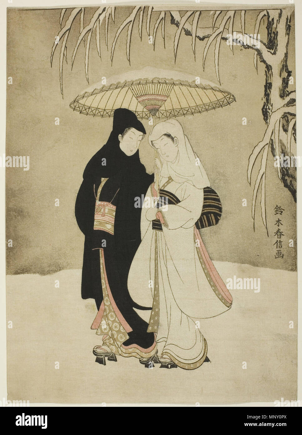 . Anglais : deux amoureux sous un parapluie dans la neige, la couleur ; estampe chuban. 27,2 x 20,2 cm. Tenue à l'Art Institute de Chicago . vers 1767. Suzuki Harunobu (1725 ( ?)-1770) 1209 deux amoureux sous un parapluie dans la neige Banque D'Images