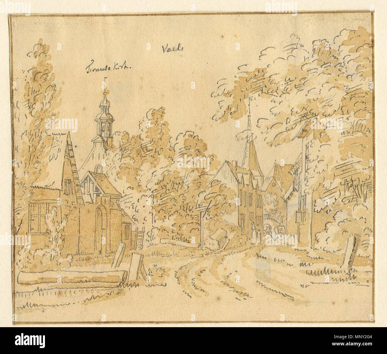 . Anglais : Vue de Vaals, maintenant aux Pays-Bas, vers 1700. Au premier plan le Aachen-Vaals frontière. À gauche l'église Wallonne ('Eglise française'). Dans l'arrière-plan le clocher de l'Église catholique romaine. Dessin à l'encre par l'artiste inconnu, ca. 1700. 1700. Artiste inconnu, ca. 17001217 Vaals rencontré Waalse kerk (pentekening, ca 1700) Banque D'Images