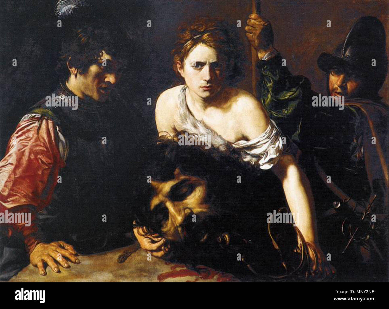 David avec la tête de Goliath, et deux soldats entre 1620 et 1622. Valentin de Boulogne 1218 - David avec la tête de Goliath, et deux soldats - WGA24236 Banque D'Images