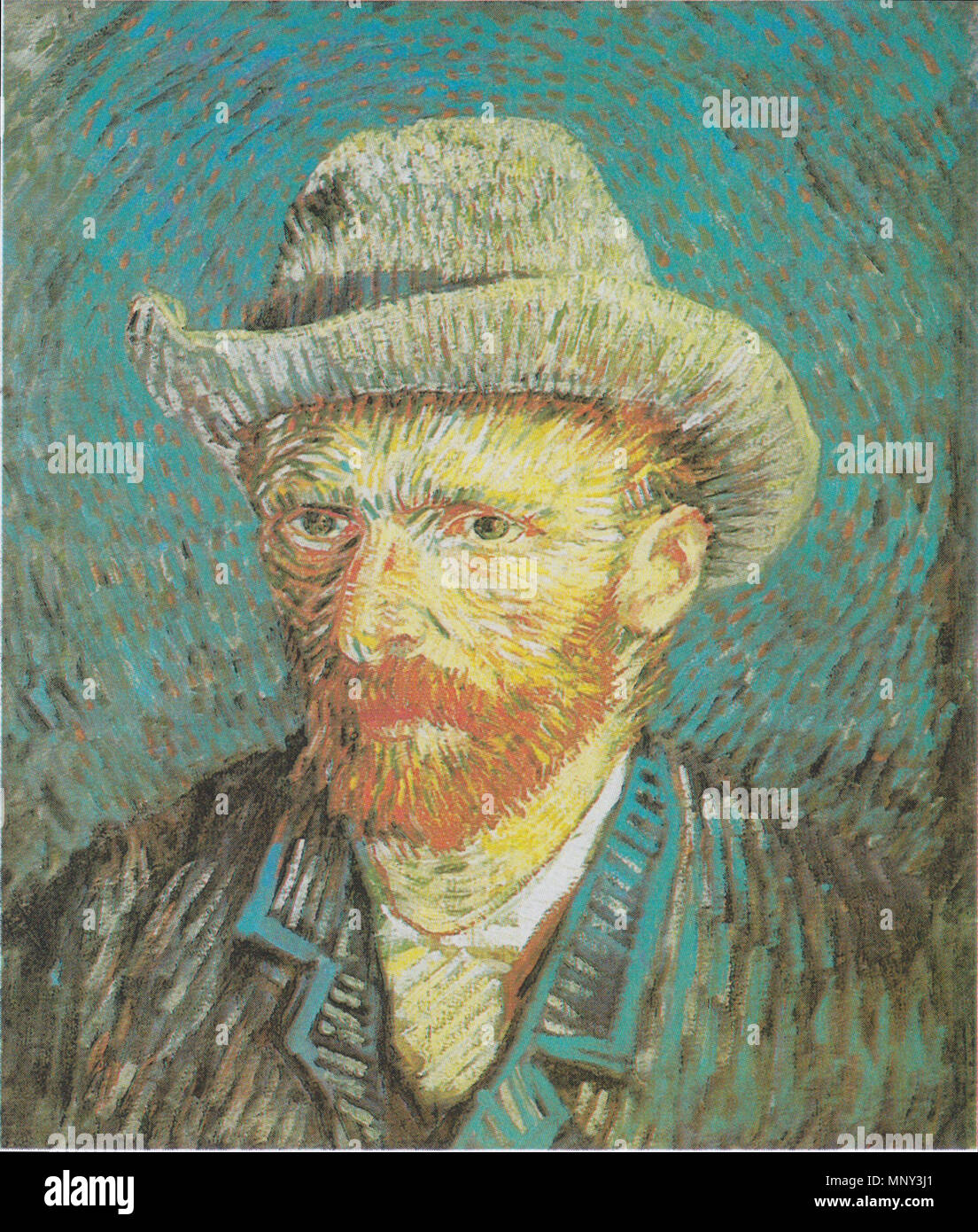 Néerlandais : Zelfportret rencontré vilthoed Self Portrait avec feutre . 'Van Gogh peint cet autoportrait à l'hiver 1887-1888, lorsqu'il avait été vivant à Paris depuis près de deux ans. Depuis son arrivée dans la ville qu'il avait consacré beaucoup de temps sur la technique pointilliste en pointillé, l'apprentissage ainsi qu'il pourrait l'appliquer à sa manière. Son utilisation du pinceau qui s'exécutant dans une variété de directions créé un auto-portrait avec un halo-comme cercle autour de sa tête. Cette variation et la dynamique qu'il a créé ont été la contribution propre de Van Gogh au nouveau style de peinture." (Van Gogh) . L'hiver 18 Banque D'Images