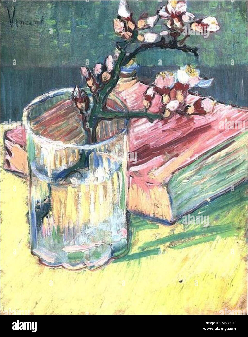 Direction générale de l'Amande en fleurs dans un verre avec un livre d'Arles, mars 1888 (début du mois). 1223 Vincent Van Gogh - Blossoming Almond Branch dans un verre avec un livre (1888) Banque D'Images