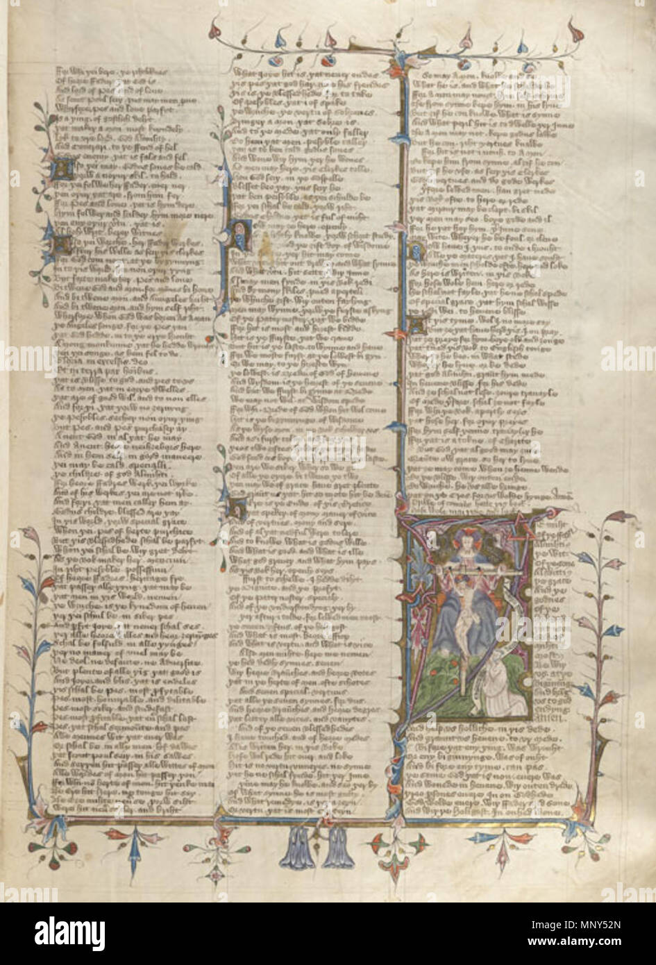. Anglais : Folio 265r du Vernon manuscrit montrant colombine bleu fleurs, une figure dans un habit religieux et de l'image de Dieu le Père avec le Christ sur la croix dans l'entrelacement qui décore le rapport initial et les cadres. circa 1400. 1230 manuscrit anonyme Vernon Folio 265r Banque D'Images