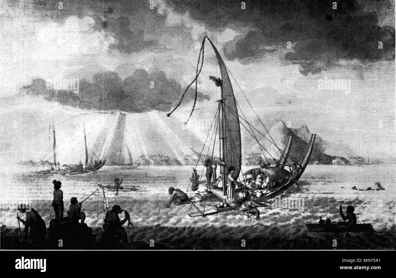 . English : 'Les navires de l'île de Otaha,· des îles de la société. Un chien tacheté est partiellement visible au-delà du mât. À partir de la collection du Musée Britannique de dessins par A. Buchan, S. Parkinson et J. F. Miller, réalisés dans les pays visités par le capitaine Cook dans son premier voyage (1768-71), également d'impressions publié dans John Hawkesworth's voy- age de Biron, Wallis et Cook, 1773, ainsi que dans la deuxième et troisième voyages (1762-5, 1776-80). Entre 1768 et 1771. A. Buchan, S. Parkinson ou J. F. Miller 1231 navires de l'île de Otaha, 1769-71 Banque D'Images