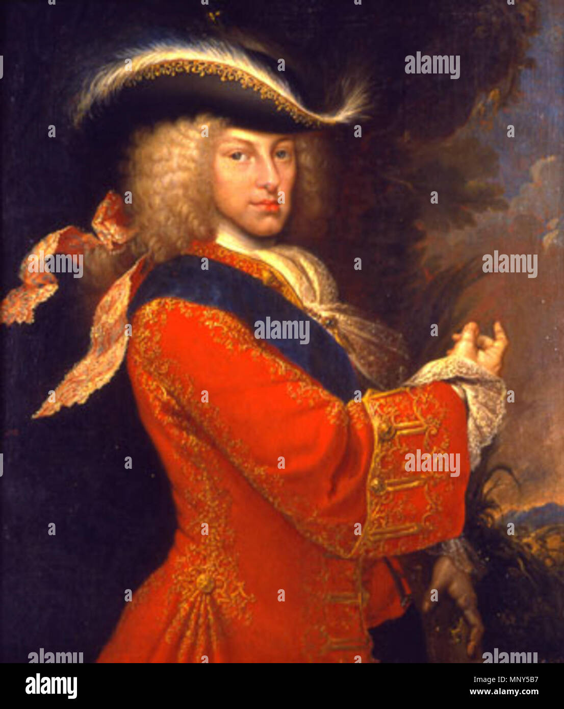 Philippe V en costume de chasse . Español : El lienzo représen al rey Felipe V de España (1683-1746), vestido en traje de caza y con una casaca roja. . 1712. 1232 VH471 PIN09 JacintoMelendez Banque D'Images