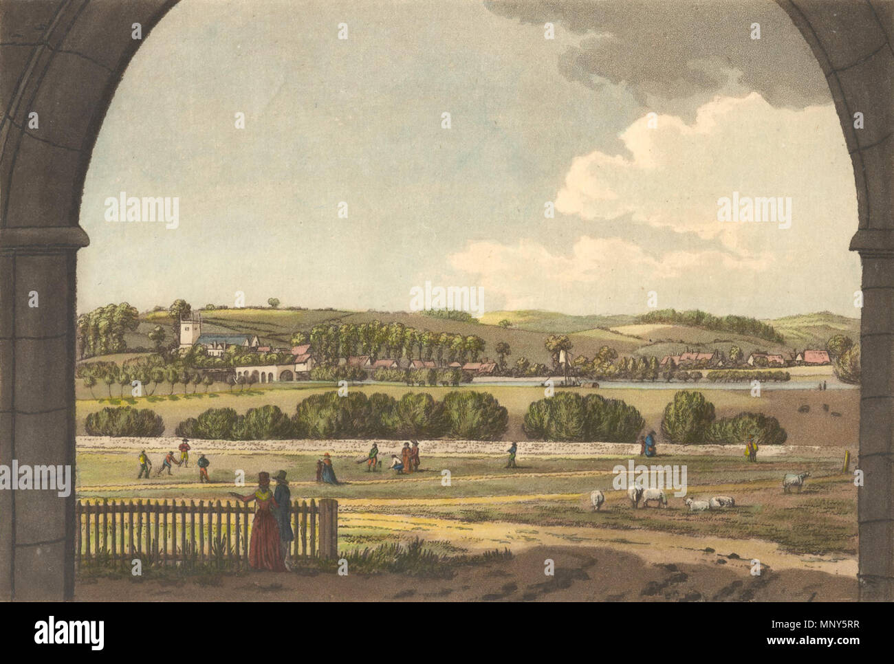 . Anglais : Vue de Caversham grâce à la passerelle intérieure de Reading Abbey, 1791, montrant le pont, l'église, un voile de barge sur le fleuve, et un jeu de cricket en premier plan. 18e siècle : imprimer, intitulée "Vue de Caversham via la passerelle, appelée' et gravé par Charles Tomkins. N° 8 de son "Vues de Reading Abbey.' Il y a une version noir et blanc à Dynix 1205198. 1791. Charles Tomkins 1234 Avis de Caversham grâce à la passerelle intérieure de Reading Abbey, 1791 Banque D'Images