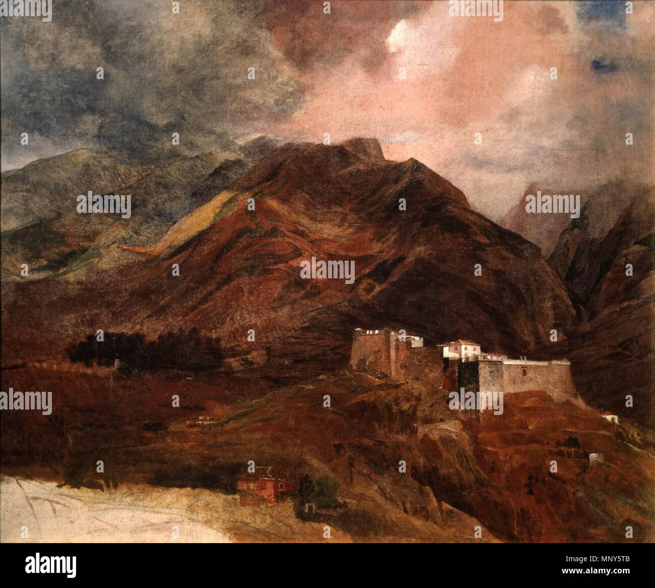 Anglais : Vue de Fort Usip sur l'île de Madère . Comme d'autres peintures de paysage par Madsen de la couleur de l'eau, la vue est vide. Il garde un sentiment épique si ses dimensions ne sont pas assez grand. Le paysage emploie une gamme de couleur brun-rougeâtre qui est caractéristique de la fin de l'artiste travaille. Le tempérament de l'artiste se voit dans l'expressive et dynamique coups de pinceau. Madsen utilise l'effet de double illuminations si chère par les romantiques, juxtaposant la rose de ciel au crépuscule avec les nuages de tempête. Entre 1849 et 1850. 1234 Vue de Fort Usip sur l'île de Ma Banque D'Images