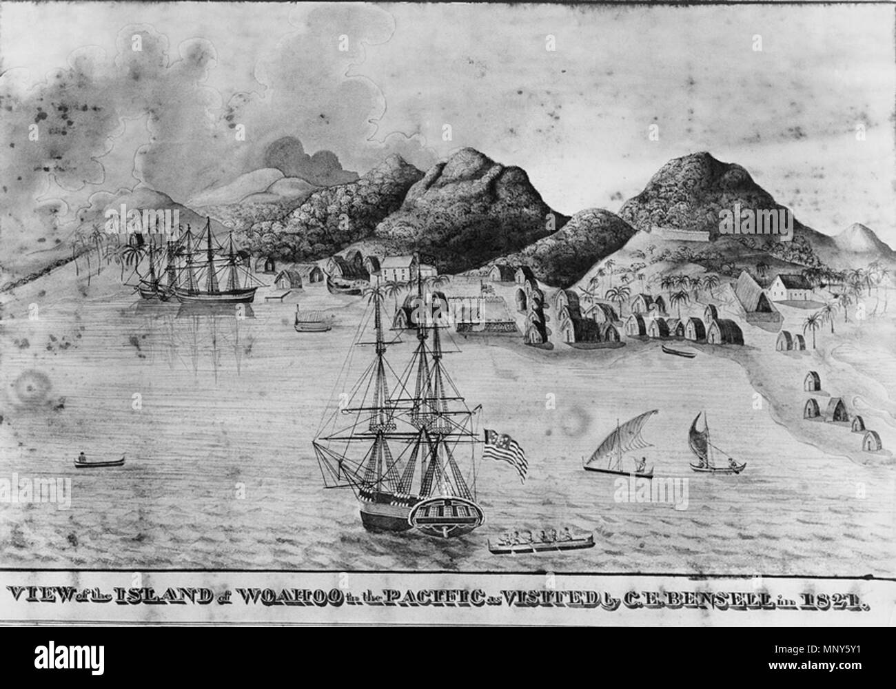 Anglais : vue sur les îles de Woahoo dans le Pacifique, comme la visite de  C.E. Bensell en 1821. . Anglais : une vue de bateaux et d'autres navires  dans le port