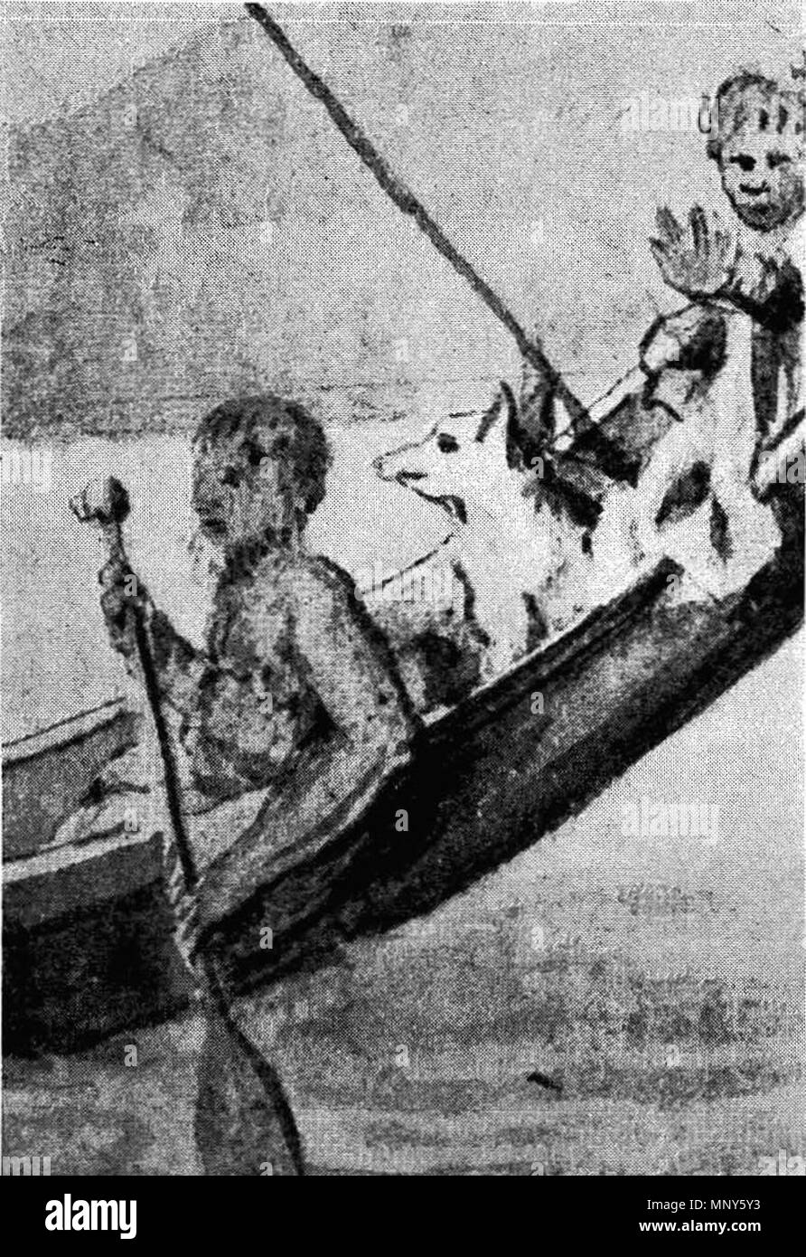 . English : 'Vue de l'île de Otaha,· des îles de la société. Un chien est assis à l'arrière. À partir de la collection du Musée Britannique de dessins par A. Buchan, S. Parkinson et J. F. Miller, réalisés dans les pays visités par le capitaine Cook dans son premier voyage (1768-71), également d'impressions publié dans John Hawkesworth's voy- age de Biron, Wallis et Cook, 1773, ainsi que dans la deuxième et troisième voyages (1762-5, 1776-80). Entre 1768 et 1771. A. Buchan, S. Parkinson ou J. F. Miller 1235 Vue sur l'île de Otaha, 1769-71 (récolte de chien) Banque D'Images