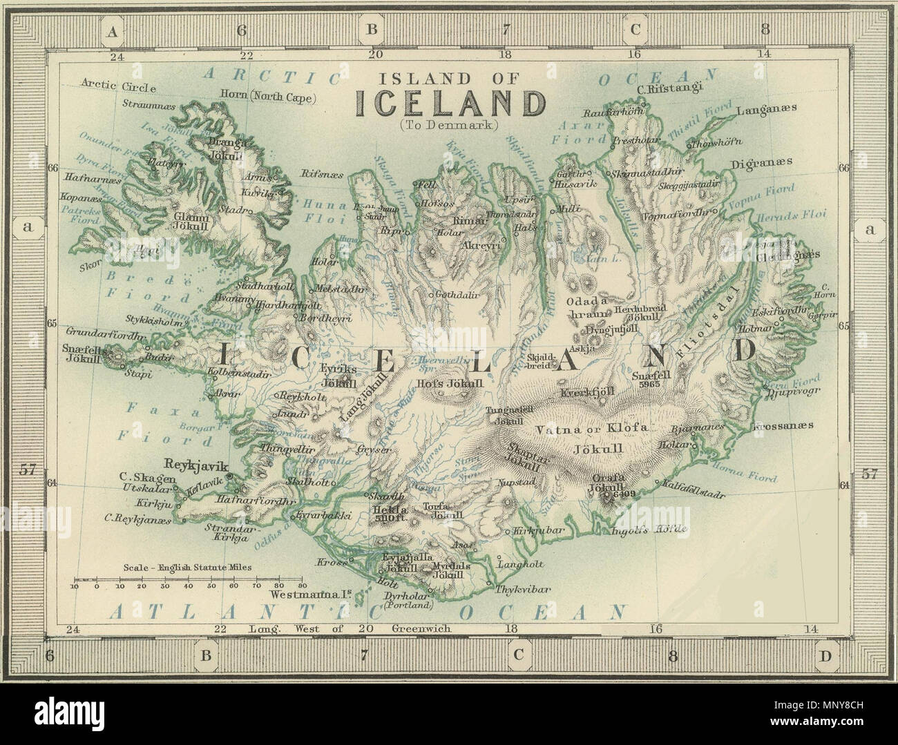 L'Islande . une partie de la carte : le Danemark avec partie nord-ouest de l'Empire allemand. ... (Avec) Île de l'Islande. (Avec) Copenhague. (Avec) Îles Féroé. (Avec) Bornholm. (Avec) l'Elbe de Hambourg à Cuxhaven). Par Keith Johnston, F.R.S.E. Keith Johnston's Atlas général. Gravé, imprimé et publié par W. & A.K. Johnston, Édimbourg et Londres. 1893 (publié). 1247 W. &AMP ; A.K. Johnston - Islande, 1893 Banque D'Images