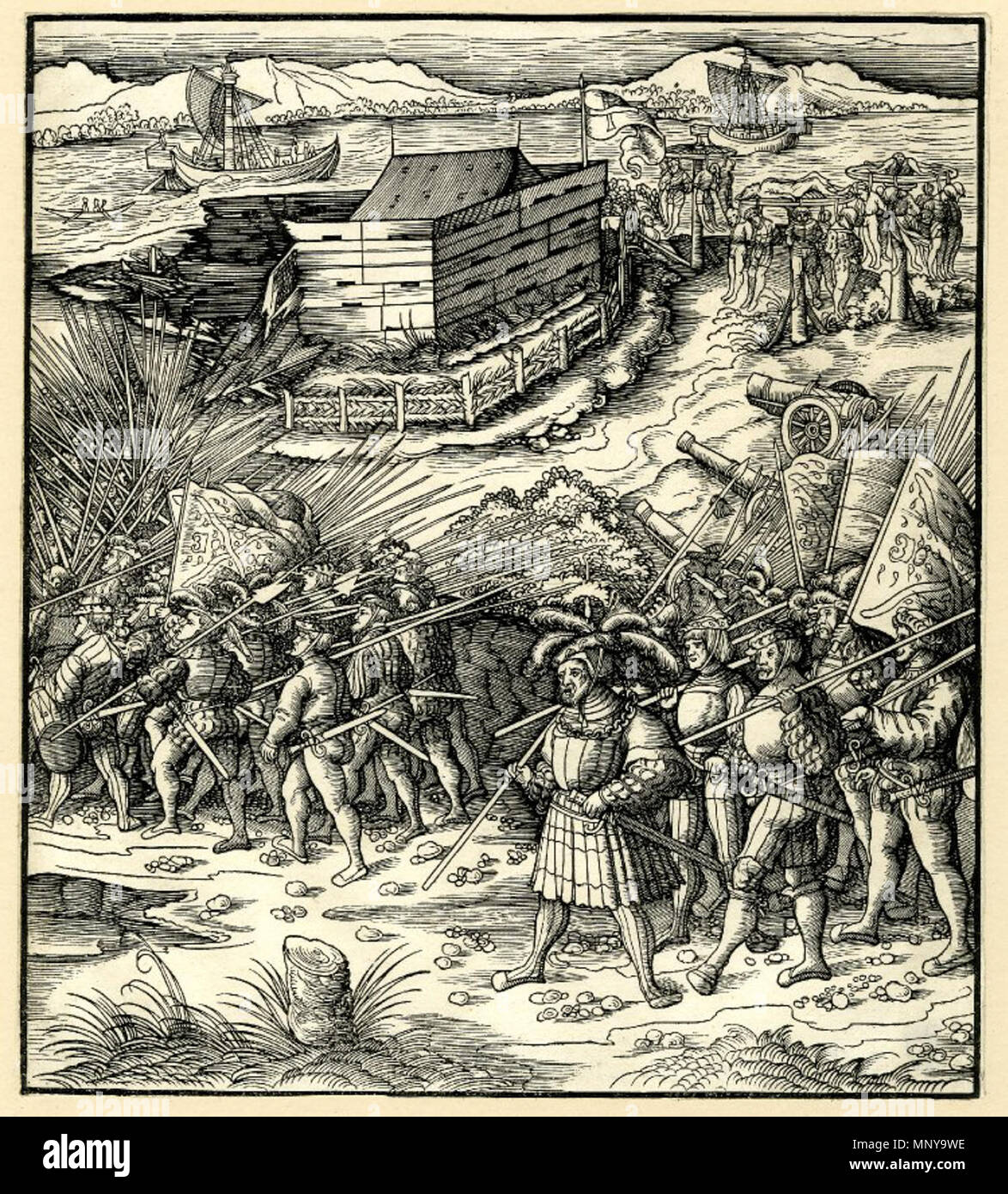 . Anglais : le bloc-house à Anvers ; à l'avant-plan les troupes impériales, et derrière lui la moitié détruite, block-house, à côté des hommes exécutés à partir de la suspension, les roues à l'arrière-plan une rivière avec deux bateaux. Au début de la preuve. c.1514-6 Woodcut . Entre 1514 et 1516. Leonhard Beck (-1542) Noms alternatifs Leonard Beck ; Lienhard Beck ; Leonhard Böck Description peintre allemand Date de naissance/décès vers 1480 1542 Lieu de naissance/décès Augsburg Augsbourg Augsburg lieu de travail contrôle d'autorité : Q325339 : VIAF 34728289 ISNI : 0000 0000 8371 5669 ULAN : 500032672 RCAC : c2006025560 GND : 11938333 Banque D'Images