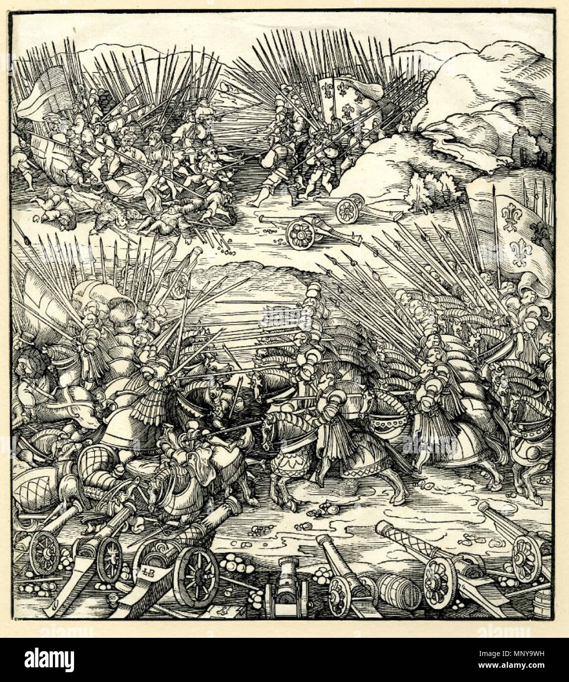 . Anglais : La bataille de Crema ; sept canons dans un demi-cercle à l'avant-plan en montrant la bataille de cavalerie au milieu de la distance, la lutte contre les troupes de pied dans l'arrière-plan dans un paysage vallonné. Au début de la preuve. c.1514-6 Woodcut . Entre 1514 et 1516. Leonhard Beck (-1542) Noms alternatifs Leonard Beck ; Lienhard Beck ; Leonhard Böck Description peintre allemand Date de naissance/décès vers 1480 1542 Lieu de naissance/décès Augsburg Augsbourg Augsburg lieu de travail contrôle d'autorité : Q325339 : VIAF 34728289 ISNI : 0000 0000 8371 5669 ULAN : 500032672 RCAC : c2006025560 GND : 119383330 WorldCa Banque D'Images