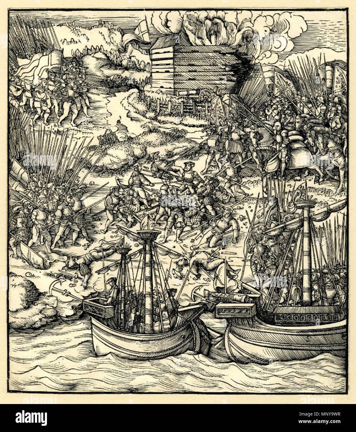 . Anglais : La bataille d'Swindrecht ; deux bateaux avec des troupes de l'avant-plan, sur la rive derrière eux un combat au centre, à gauche et à droite près de la cavalerie et l'infanterie, dans l'arrière-plan le bloc de combustion interne. Au début de la preuve. c.1514-6 Woodcut . Entre 1514 et 1516. Leonhard Beck (-1542) Noms alternatifs Leonard Beck ; Lienhard Beck ; Leonhard Böck Description peintre allemand Date de naissance/décès vers 1480 1542 Lieu de naissance/décès Augsburg Augsbourg Augsburg lieu de travail contrôle d'autorité : Q325339 : VIAF 34728289 ISNI : 0000 0000 8371 5669 ULAN : 500032672 RCAC : nr2006 Banque D'Images