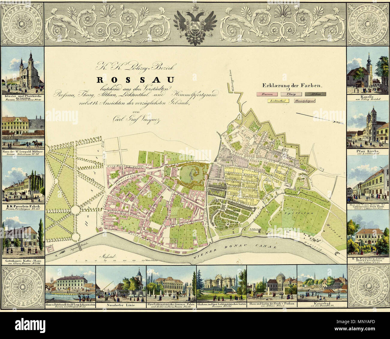 . Deutsch : K. K. Polizey-Bezirk Rossau, bestehend aus den Vorstädten Rossau, Thury, Althan, Lichtenthal, und Himmelpfortgrund, nebst Ansichten der vorzüglichsten Gebäude heute : Bezirksteile Gemeindebezirks des Wiener Alsergrund . 1830, ca.. Carl Vasquez Pinos (1798-1861) Noms alternatifs Carl Graf von Vasquez-Pinas Löwenthal cartographe autrichien Description Date de naissance/Décès 12 Janvier 1798 25 juillet 1861 Lieu de naissance/décès Klatovy Budapest, Vienne lieu de travail ? Contrôle d'autorité : Q1040879 : VIAF 77109046 ISNI : 0000 0000 5536 2149 RCAC : pas de2012149181 GND : 118626248 WorldCat Banque D'Images