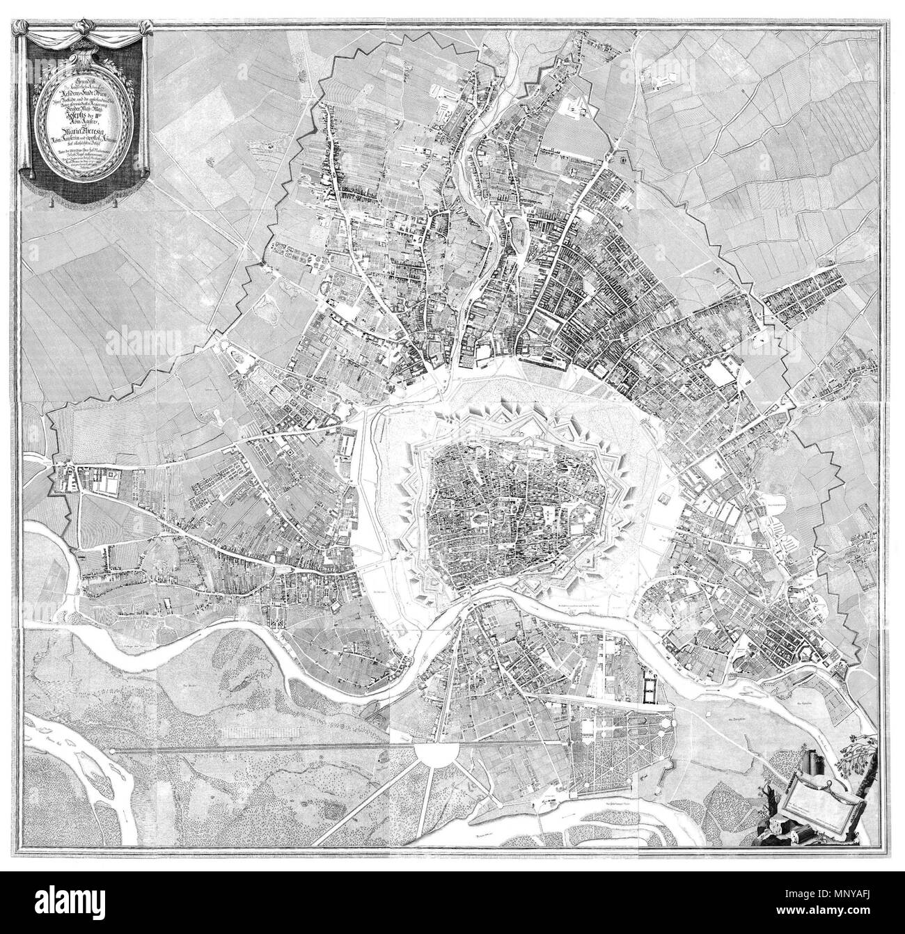 . Deutsch : Vorstädten Grundrissplan von Wien mit und Linienwall. 1770-1773 (gestocken gedruckt und 1780/81). Radierung und auf Blättern 16 Kupferstich, Maßstab 1 : 2592, Südwest nach Ausrichtung. Erstmals mit original. Konskriptionsnummern 1780. Joseph Anton Nagel u.a. 1257 Wien 1780-1770-1773-Nagl Banque D'Images