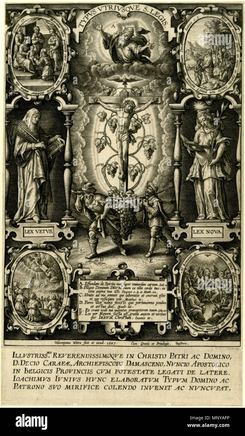 . Anglais : gravure de British Museum : au centre, les deux espions de Moïse portant un poteau entre eux avec un grand des grappes suspendues ; derrière, le Christ en croix entouré de grappes de raisin ; la colombe du Saint-Esprit au-dessus ; la personnification de l'ancienne loi vu à gauche et nouvelle loi à droite ci-dessus, au centre, Dieu le Père, sur le côté droit âgé de deux médaillons à la circoncision et Moïse recevant les tables de la Loi ; sur le côté droit de nouveau deux médaillons à [le Baptême du Christ et la descente du Saint-Esprit. 1607. Hieronymus Wierix (1553-1619) Alternative Banque D'Images