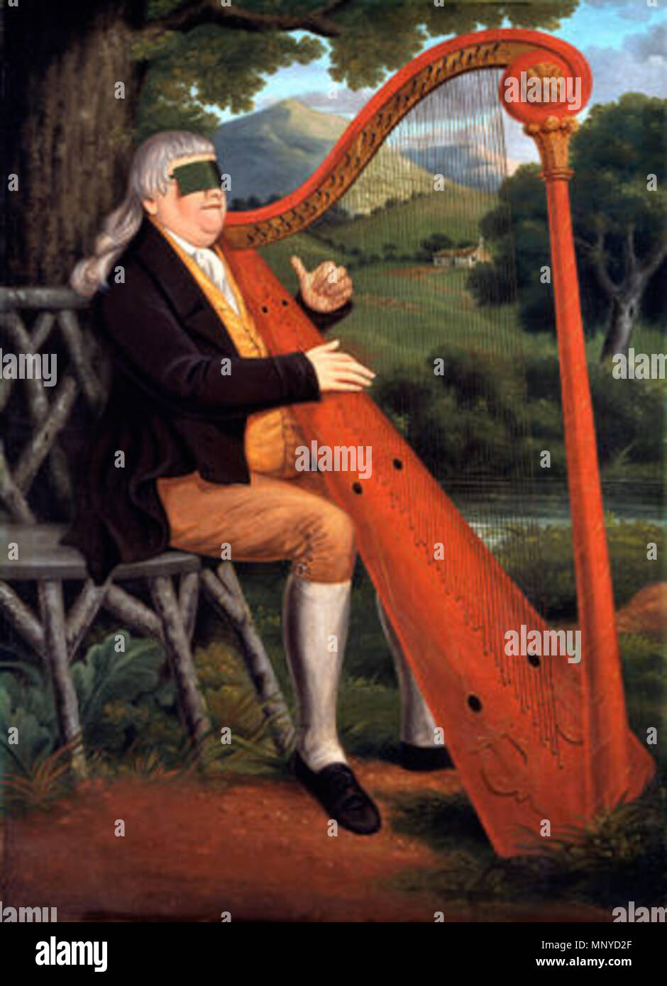 $$$-CHAPMAN UN532/9337T 300/A-0 . William Williams, 'Penmorfa" (1759-1828) Les aveugles William Williams (1759-1828) connu sous le nom de 'Penmorfa s' était harpiste à la famille Gwynne à Tregig près de Llandeilo. De nombreuses familles gallois a maintenu les harpistes. Le plus connu, John Parry (1710-1782), a été retenu par Sir Watkin Williams Wynn comme organiste et harpiste au Wynnstay à ?110 par an. Williams joue la harpe dans une position typiquement gallois à l'épaule gauche. La rédaction de l'instrument est irréaliste, surtout dans son système d'enfilage. L'artiste qui a signé cette photo peut être le J Chapm Banque D'Images