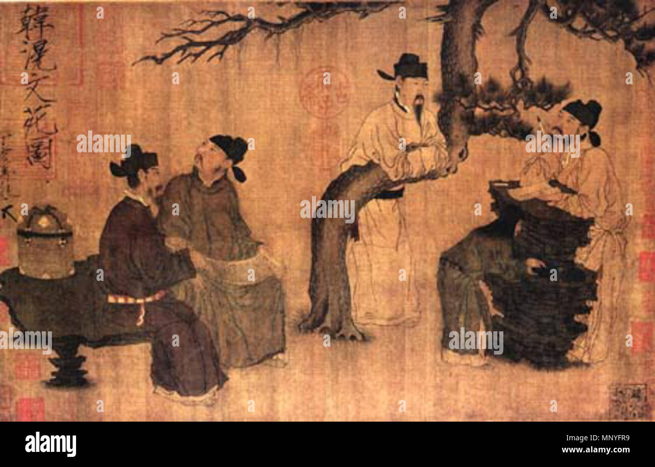 "Un rassemblement littéraire'. Zhongguo meishu quanji, Sui Tang Wu dai de hui hua yishu série (vol.2) (Beijing : Wenwu chubanshe, 1984). pl. 63, pp. 124-125. Collection de MNP-Pékin. . Peinture chinoise d'un jardin littéraire, rouleau horizontal, encre et couleurs sur soie, 30,4 x 58,5 cm. Dynastie Song, 12ème siècle.. Zhou Wenju 1283 Zhou Wenju a un jardin littéraire Banque D'Images