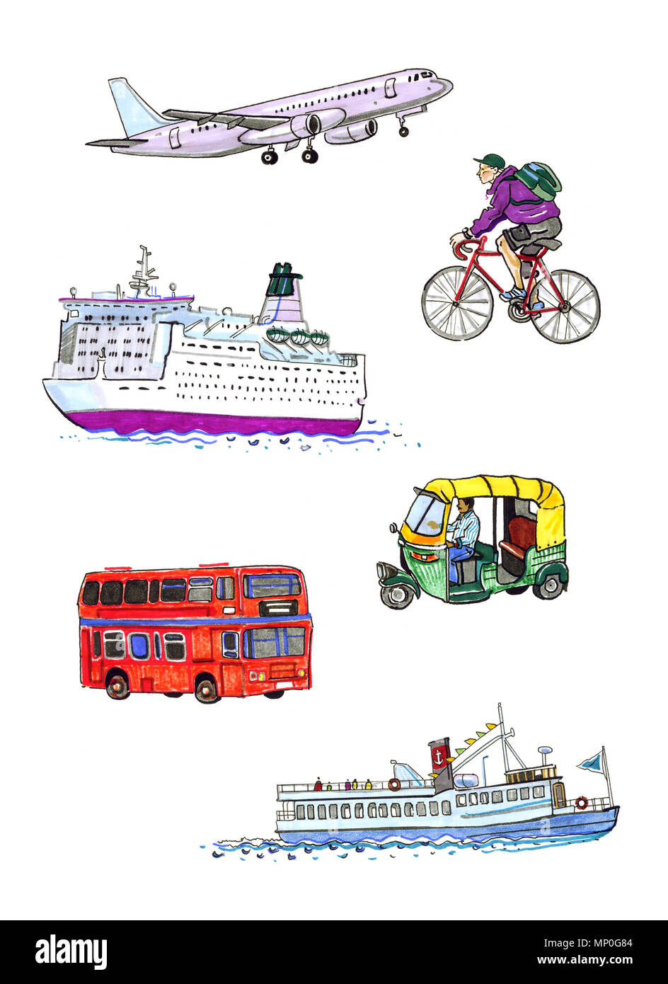 Collection de différents types de transport. Avion, vélo, bus, bateau, navire, tuk tuk. Les cute cartoon illustration de voyage. Isolé Banque D'Images