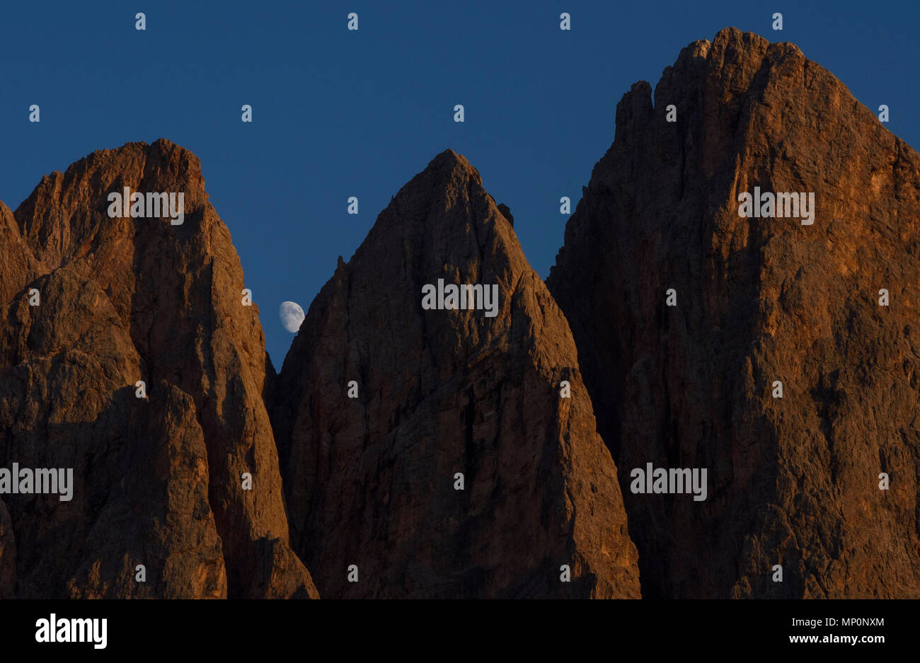 La lune et les Odle groupe de montagnes, une partie du parc naturel Puez-Odle Dolomites à Funes, province de Bolzano - Tyrol du Sud, Italie. Banque D'Images