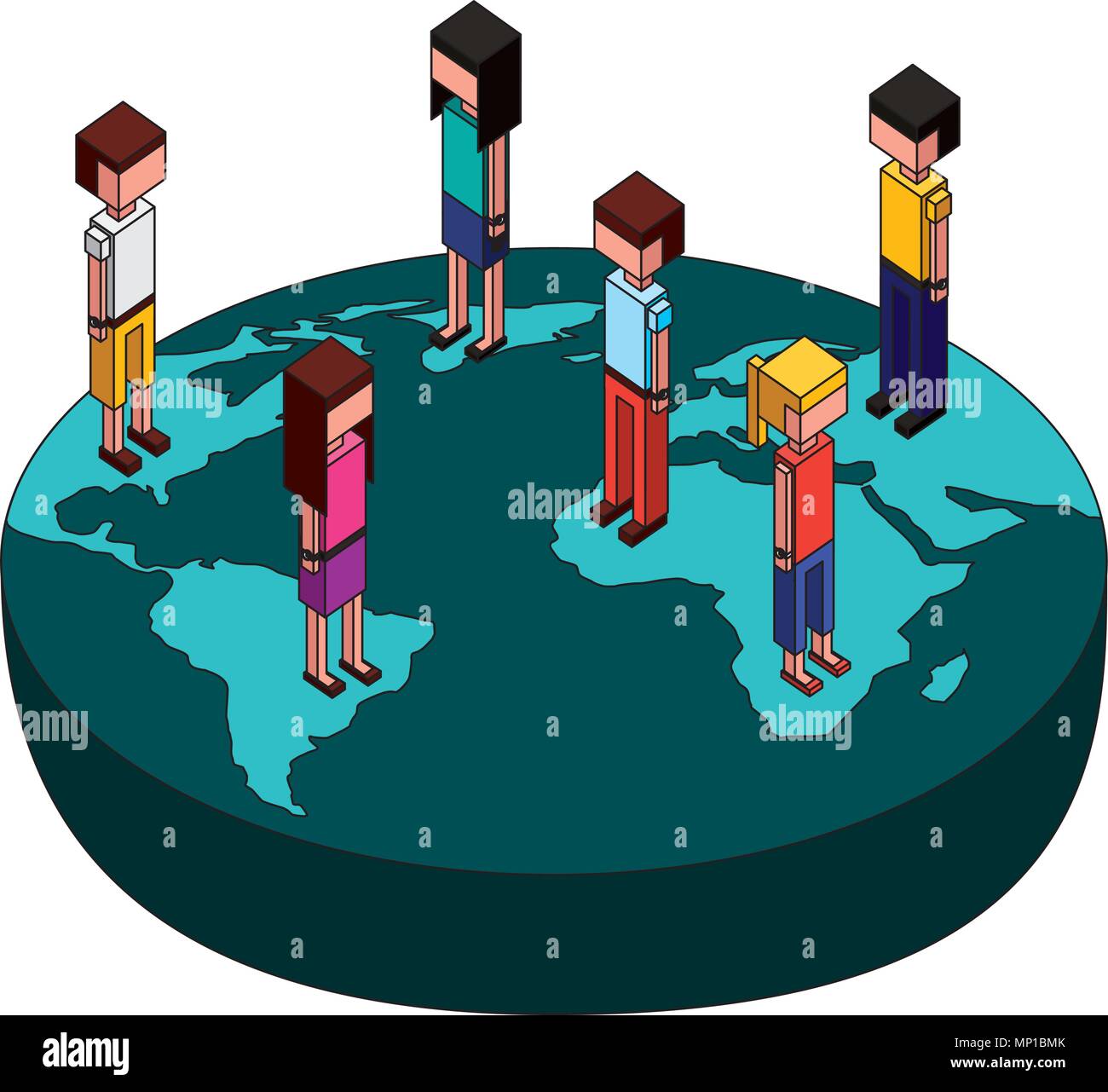Groupe de personnes debout sur la carte du monde la tension isométrique ...
