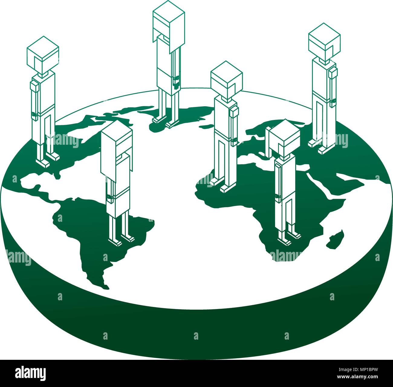 Groupe de personnes debout sur la carte du monde la tension isométrique ...