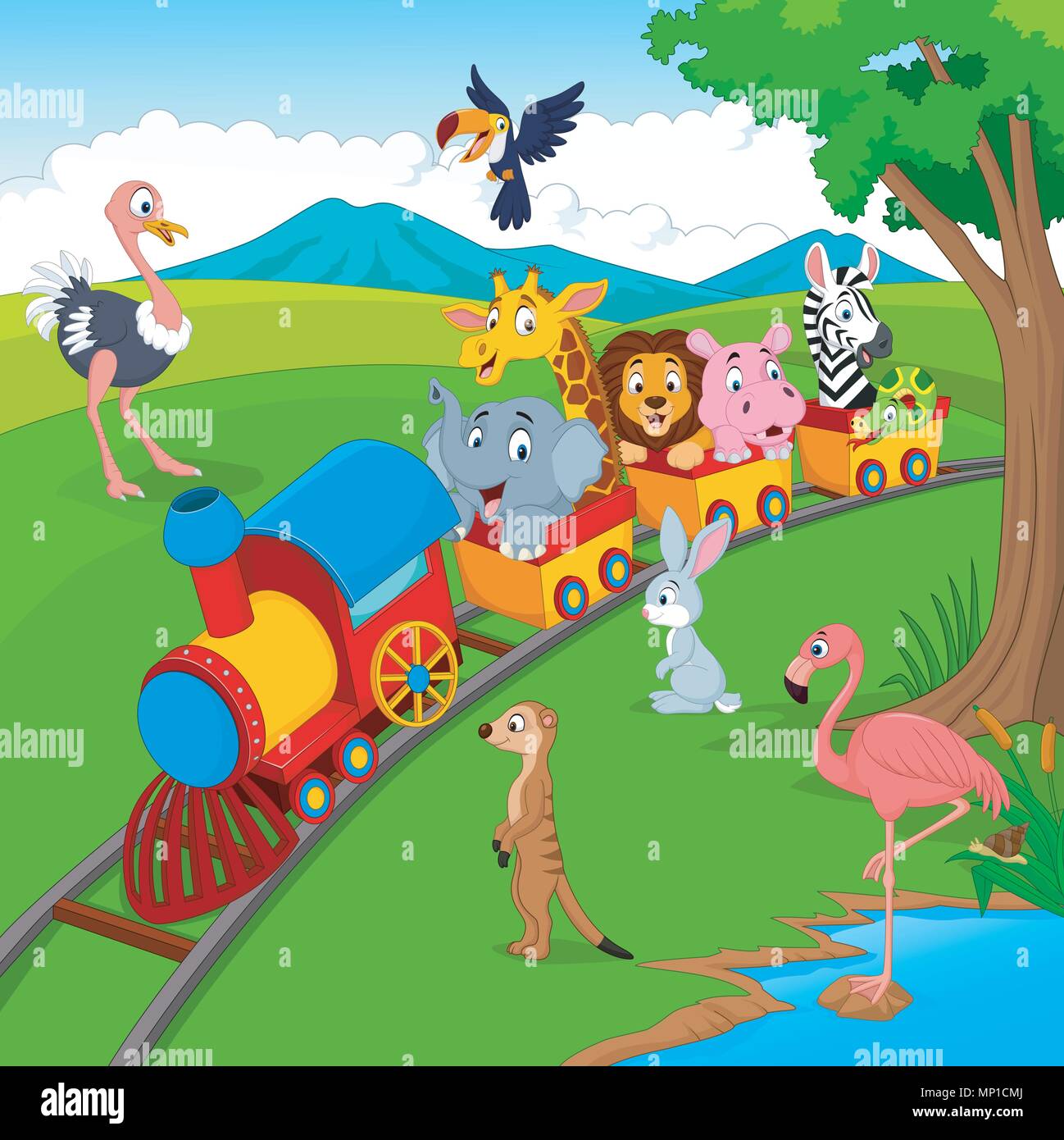 La caricature sur railroad avec les animaux sauvages Illustration de Vecteur