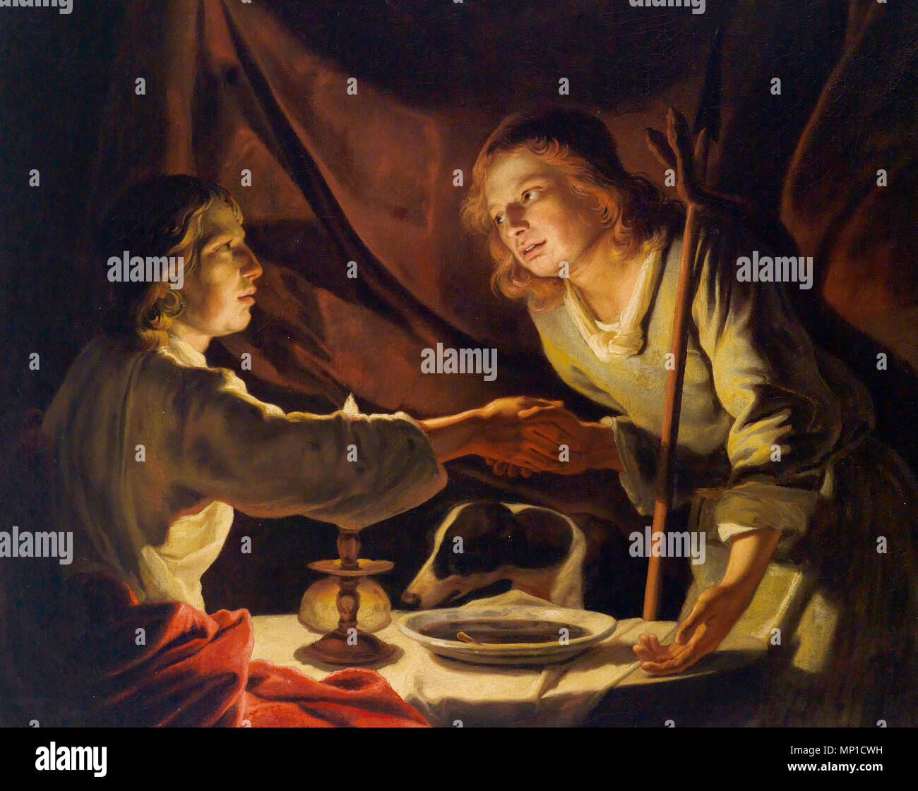 Ésaü vend le droit d'aînesse à Jacob pour un plat de lentilles - Matthias Stomer Matthias Stom ou Banque D'Images