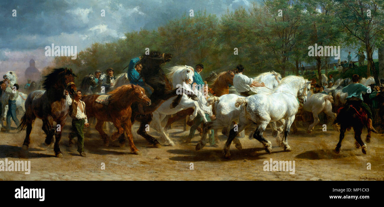 La foire du cheval, la scène est le marché de chevaux à Paris, et le dôme de la Salpetriere est visible en arrière-plan, Rosa Bonheur, vers 1855 Banque D'Images