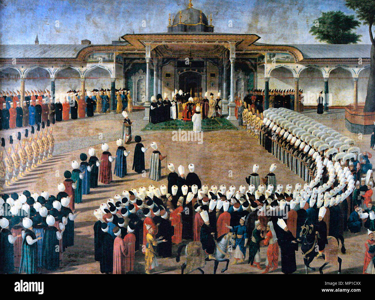 Le Sultan Selim III la tenue d'une audience devant la porte de la Félicité. Courtiers sont assemblés dans un protocole strict. Banque D'Images