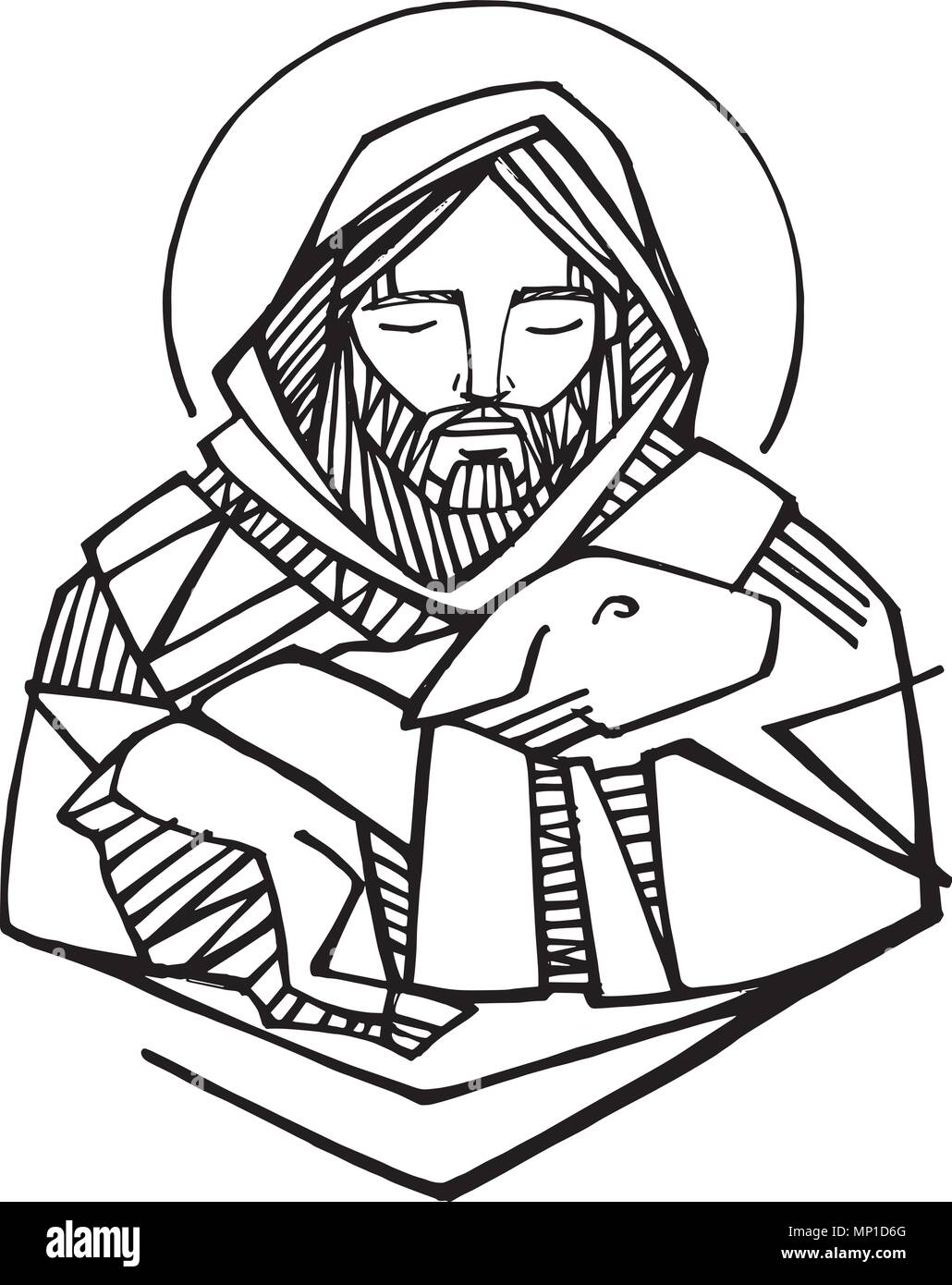 Hand drawn vector illustration ou dessin de Jésus Christ Bon Berger et moutons Illustration de Vecteur