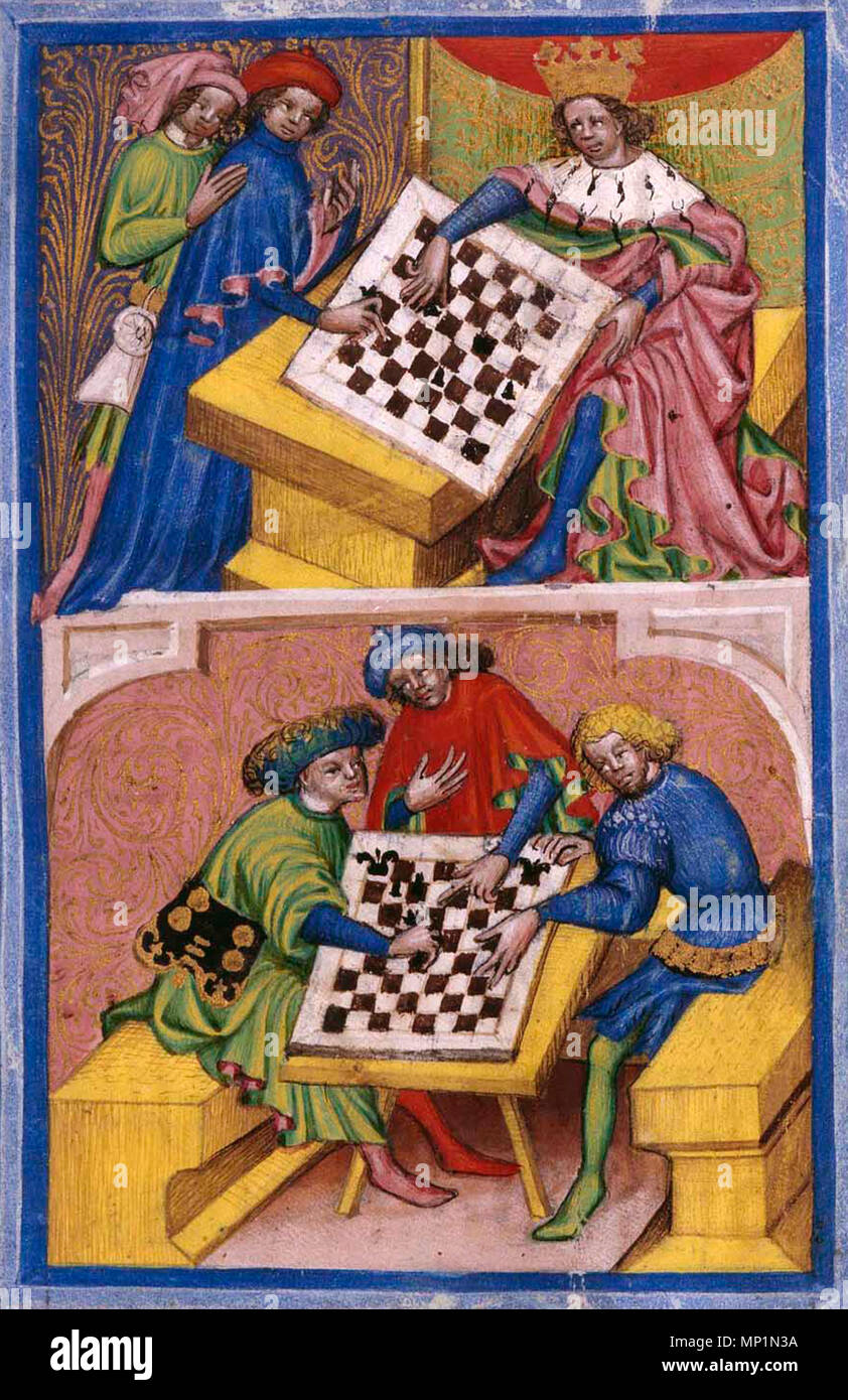 . Español : Tractatus de ludo scacorum. Miniature del siglo XV perteneciente al arte, centroeuropeo quizá realizado en Bohême (República Checa réelle), en Praga, durante el reinado de Vaclav IV (1378-1419) (Wenceslao IV) . 15e siècle. 831 anonyme Ludo scacorum, f.6r Banque D'Images