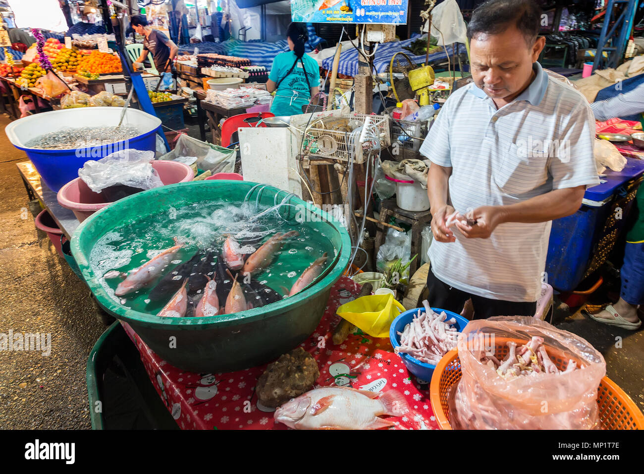 La vente des poissons vivants dans de l'homme, marché, la Thaïlande Nakhon Phakom Banque D'Images